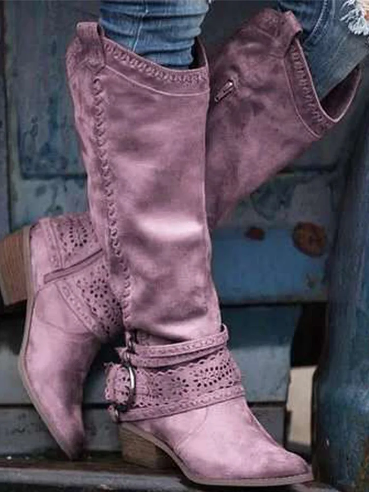 Vintage Lace Belt Buckle Pointy Toe Cowgirl Knee High Boot