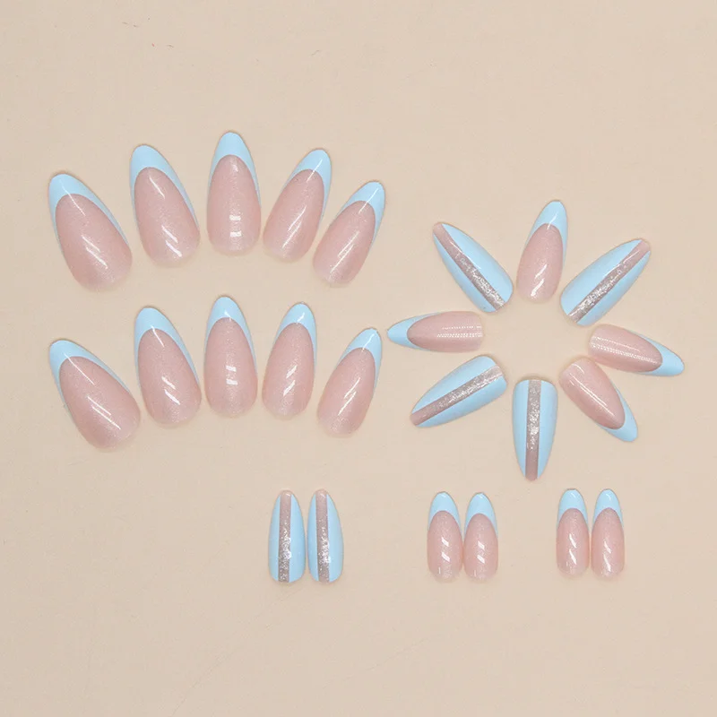 Churchf Churchf Fresh Almond Nail Light Blue Simple Nail Light Luxury Ins Wind Fake Nail Fashion Wear Armor