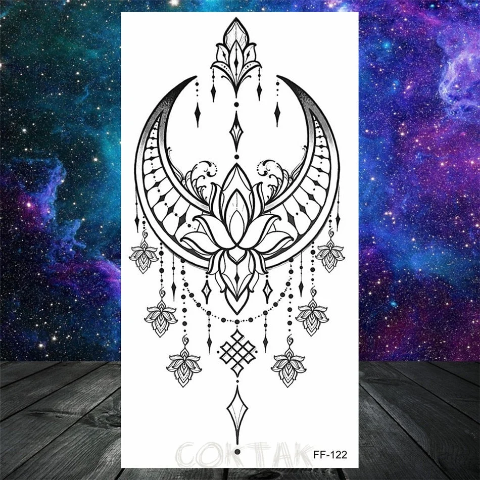 Lotus Flower Temporary Tattoo For Women Girls Snake Peony Lily Rose Chains Tattoos Sticker Black Blossom Fake Transferable Tatoo