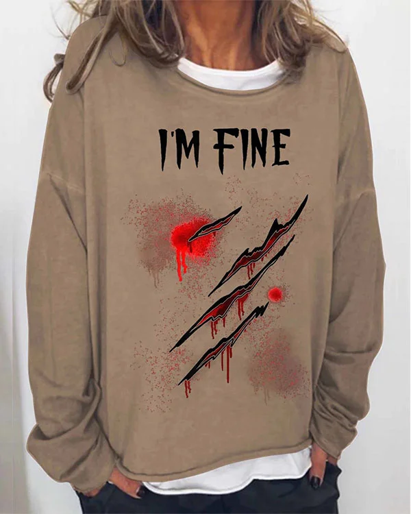 Women Halloween Humor Funny Bloodstained I'm Fine Printed Long Sleeve T-Shirt