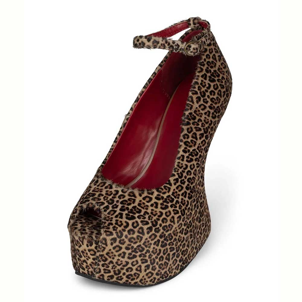 Brown Ankle Strap Buckle Leopard Pattern Peep Toe Wedge Pumps Heels Nicepairs
