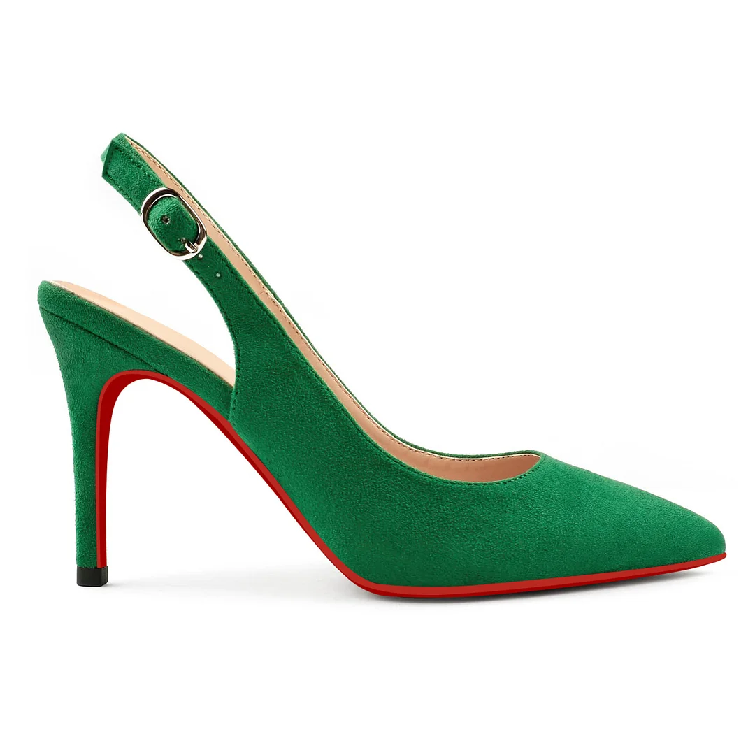 90mm Mid Heels for Women Slingback Pumps Sandals Pointed Toe Pumps Red Bottoms Suede Shoes-MERUMOTE