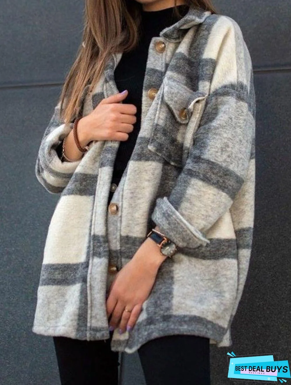 Long Sleeve Lapel Loose Plaid Casual Jacket