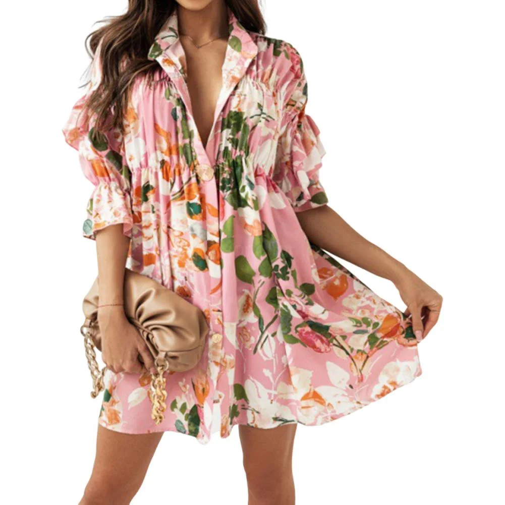Summer Women Elegant Blouses Tops Fashion Print Lantern Sleeve Button-up Shirts Office Ladies Casual Lapel Blouse plan Evening