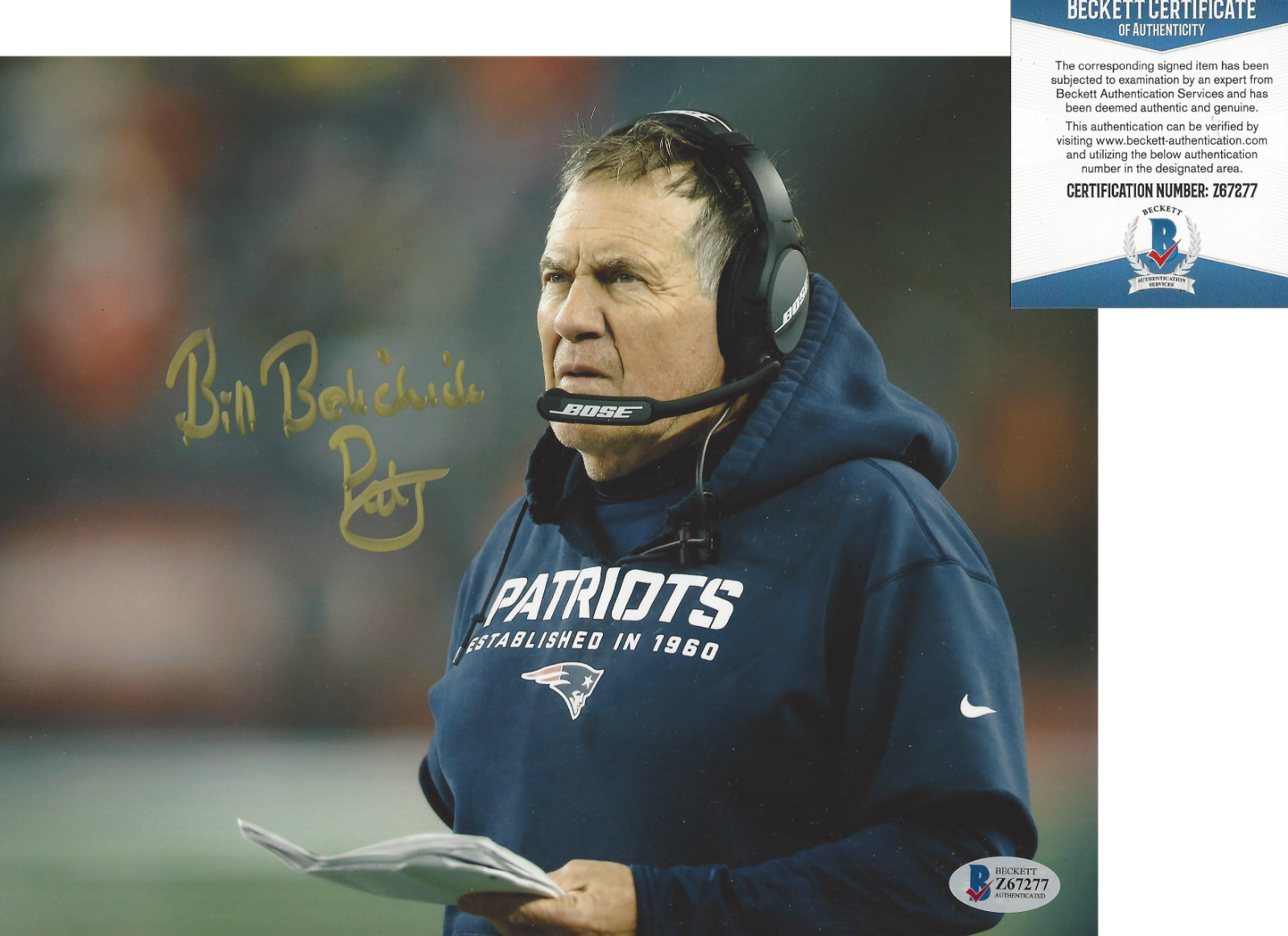 BILL BELICHICK SIGNED NEW ENGLAND PATRIOTS 8x10 Photo Poster painting 1 BECKETT COA SUPER BOWL