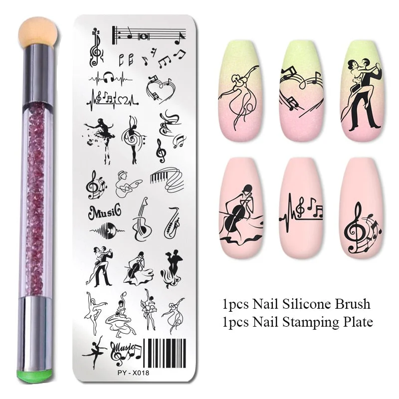 2Pcs Nail Stamping Plates Set Silicone Sponge Brush Polish Transfer Stencils Flower Geometry DIY Template for Nail Tool-Nail Inspo