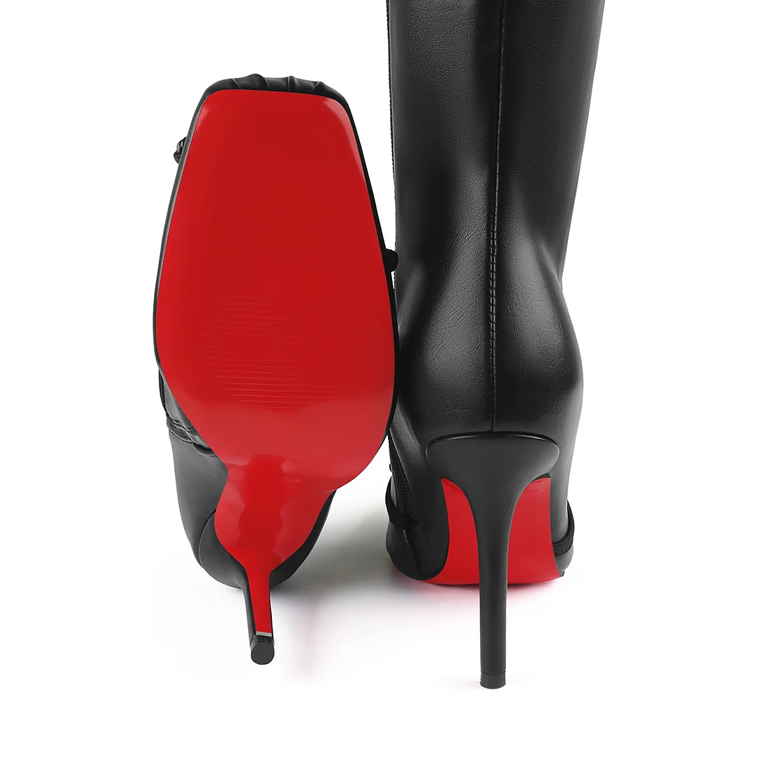 100mm Women's Knee Boots Red Bottom Matte Bowknot Knee Boots-MERUMOTE