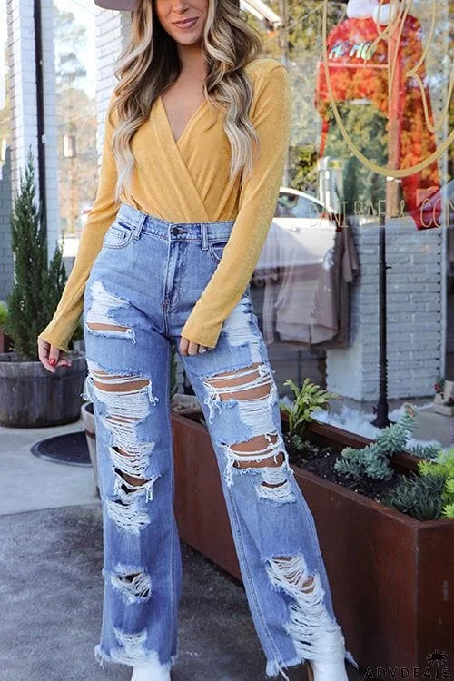 Denim Hole Distressed Wide Leg Tassel Jeans