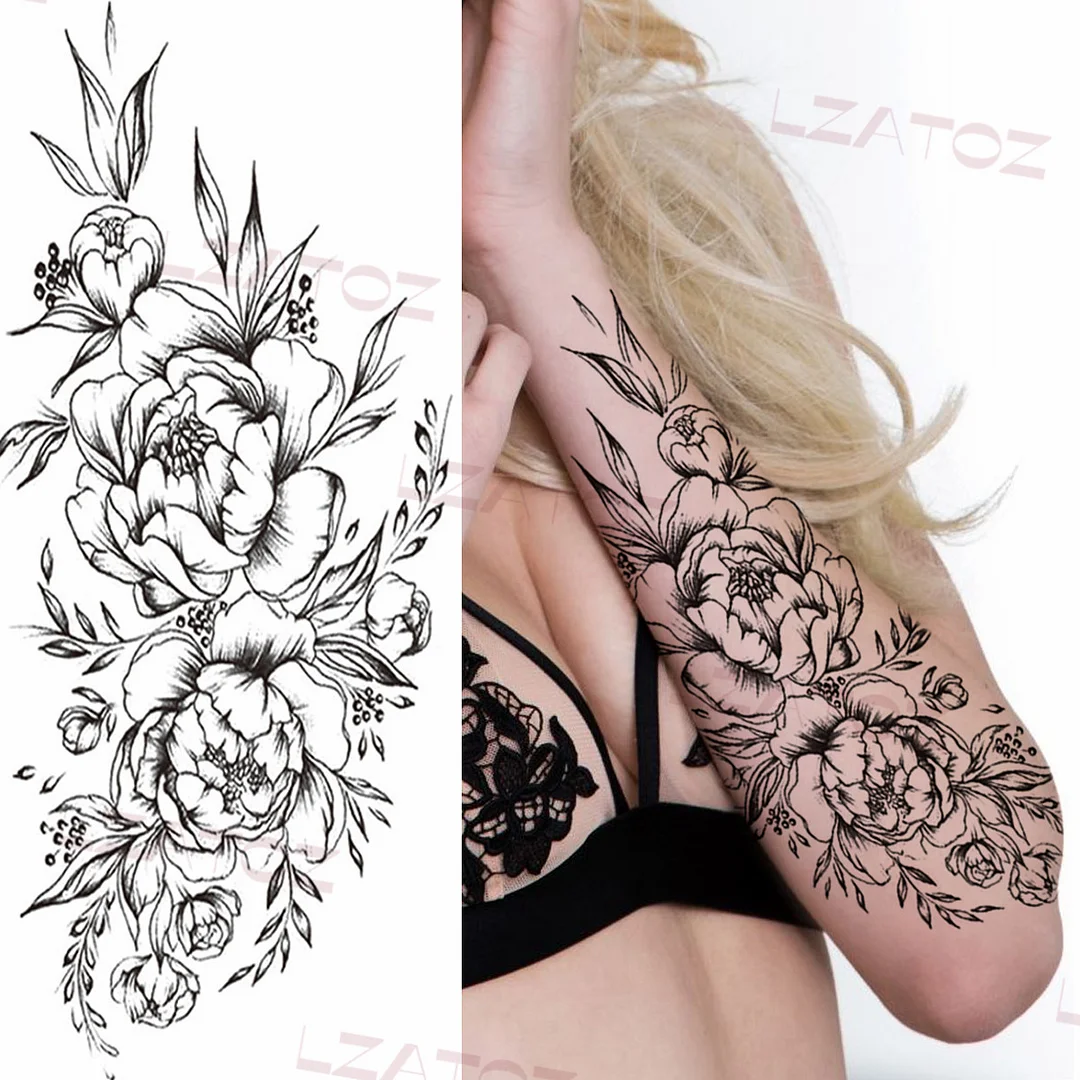 Sdrawing Big Letters Temporary Tattoos For Men Women Moon Pendant Peony Fake Tattoo Sticker Custom Armband Fashion Disposable Tatoo