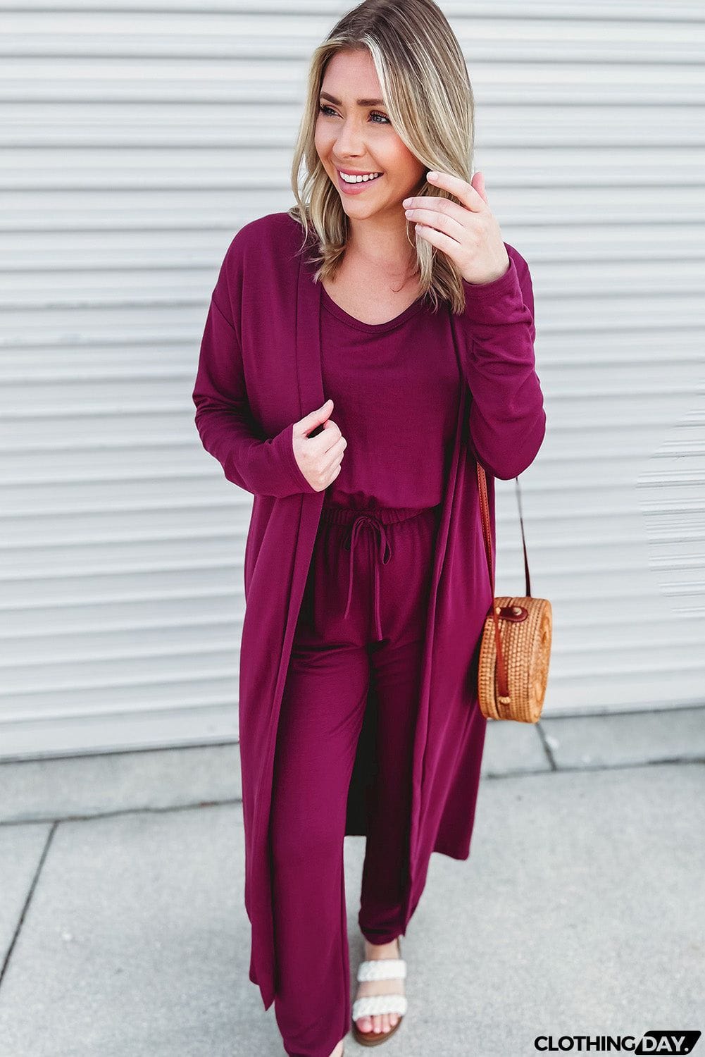 Elastic Drawstring Waist Jumpsuit and Duster Set