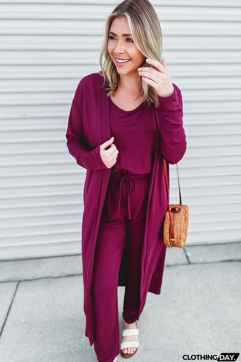 Elastic Drawstring Waist Jumpsuit and Duster Set