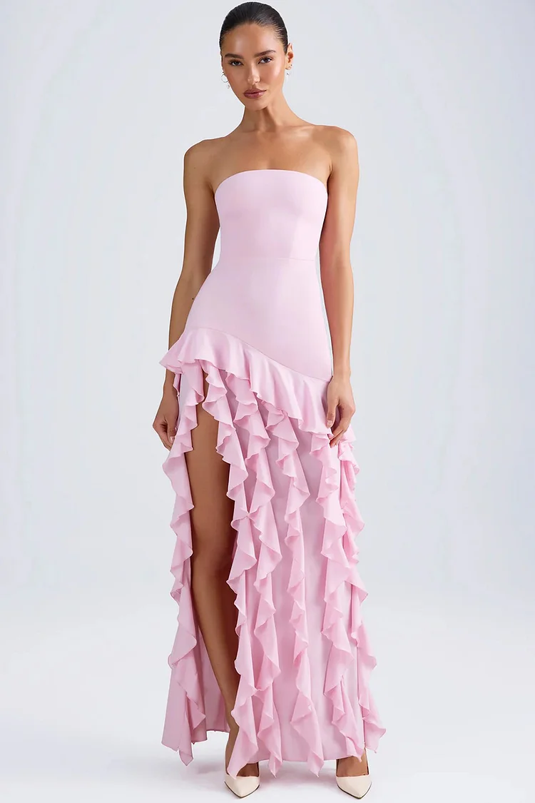 Cocktail Pink Strapless Ruffle Slit Sheath Maxi Dress