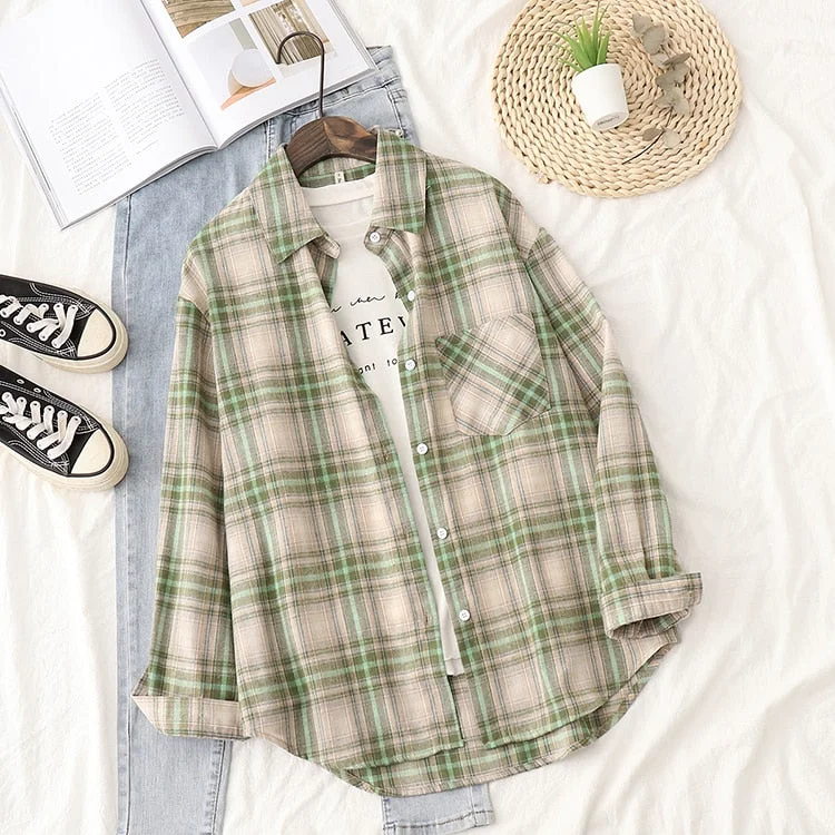 2022 Spring New Plaid Flannel Shirt Women Blouses And Tops Retro Cotton Lady Loose Outwear Chemisier Femme