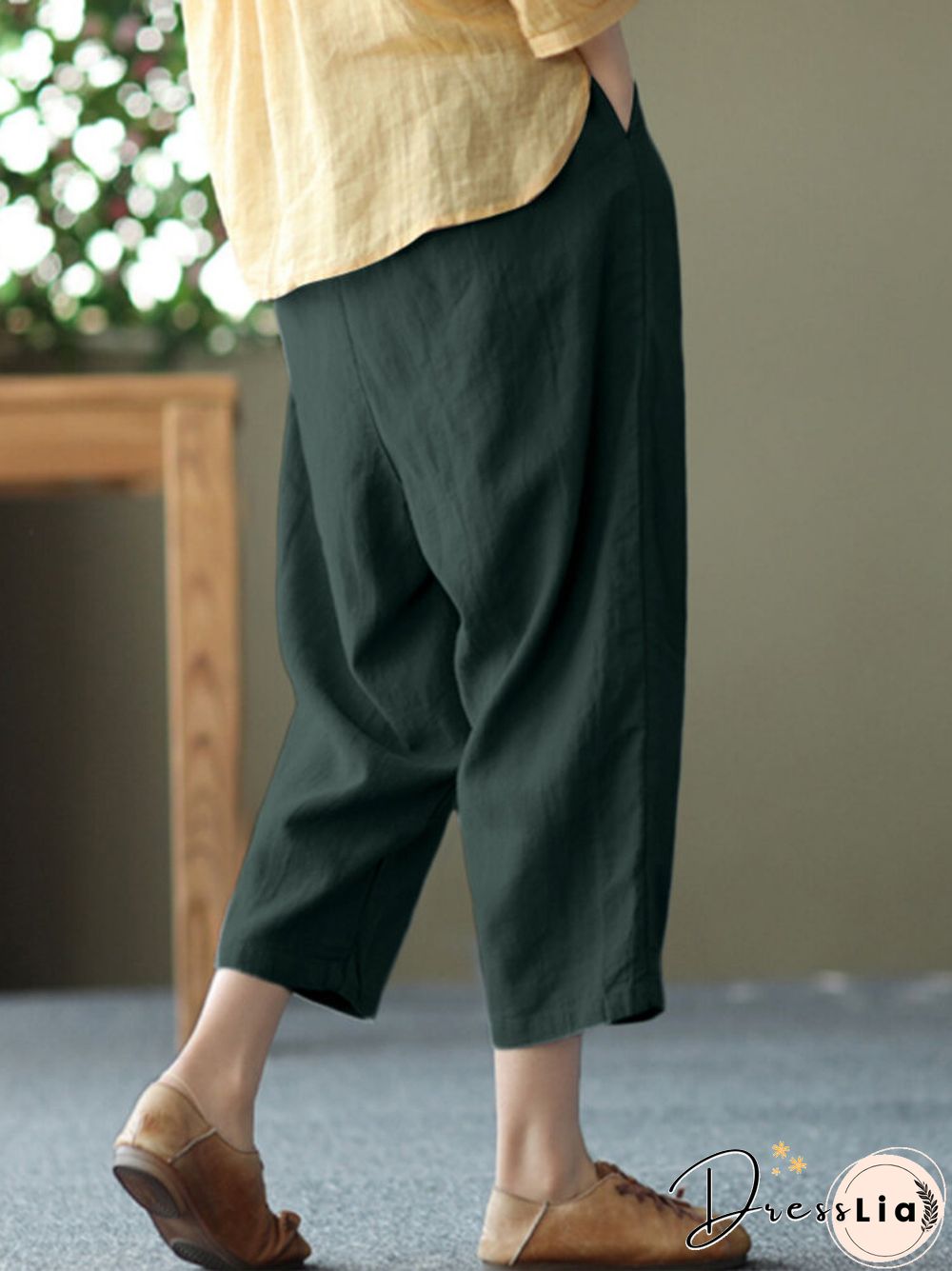 Women Solid Pocket Elastic Waist Casual Harem Pants