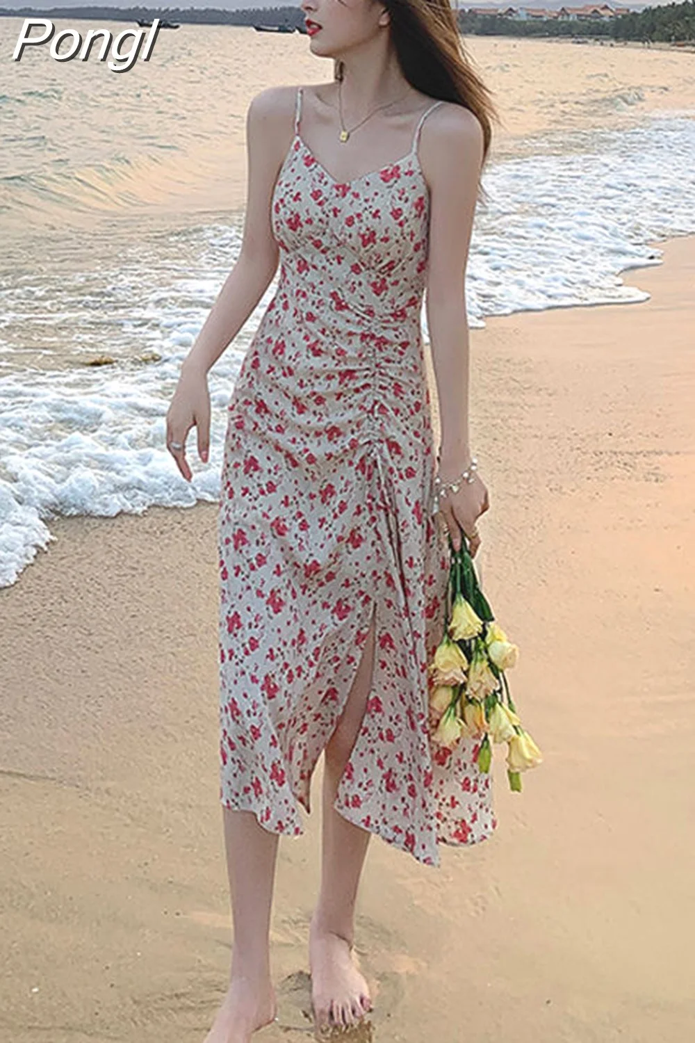 Pongl Dress Women Floral Side-slit Design Shirring Romantic Sexy Beach Elegant Fashion Sundress Korean Style Retro Tender Femme