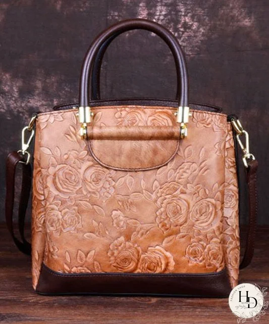 Retro Brown Embossing Paitings Calf Leather Messenger Bag