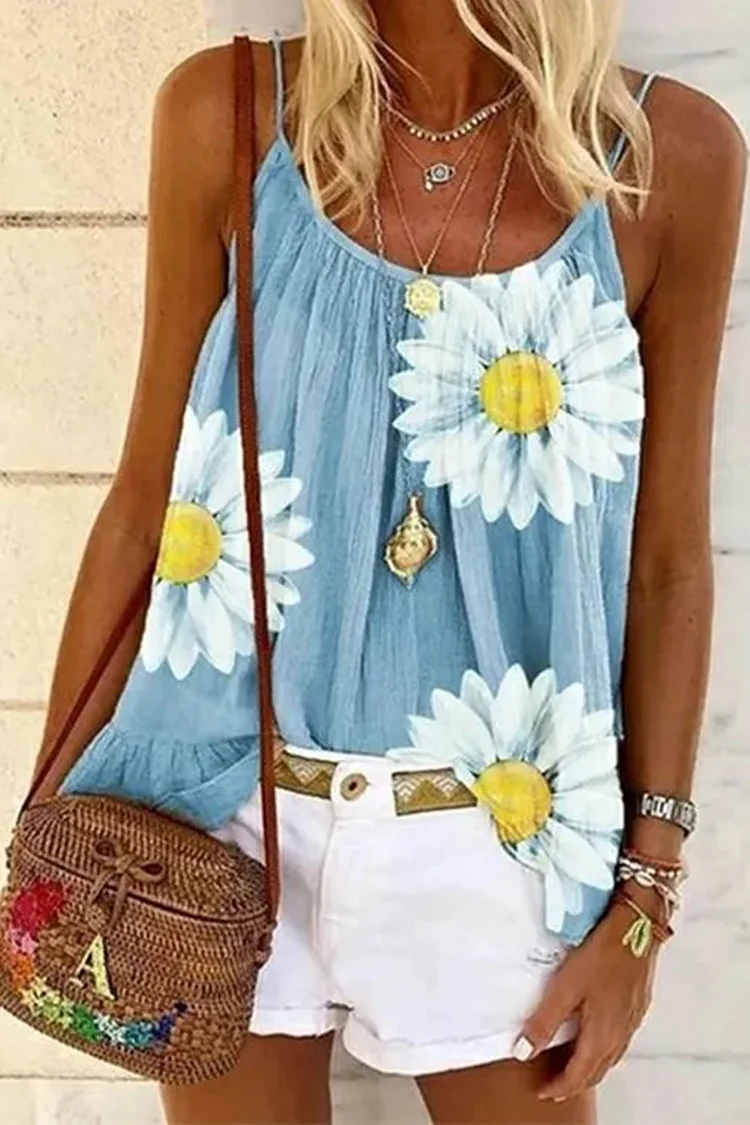 Flycurvy Plus Size Casual Blue Linen Floral Print Cami Tank Top  Flycurvy [product_label]