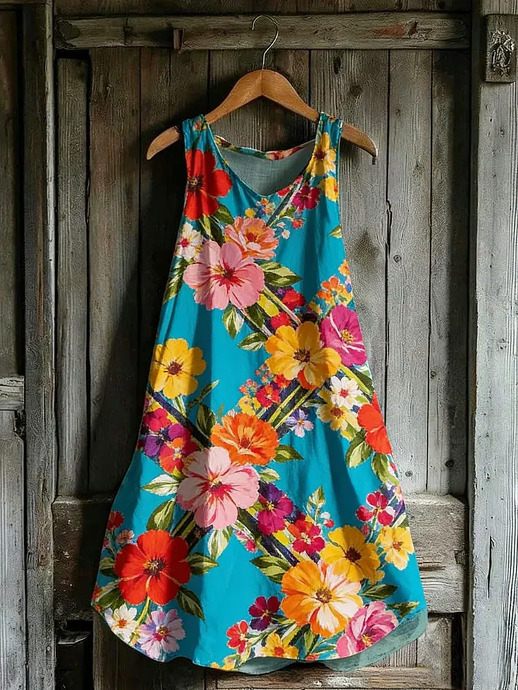 Women's Vintage Floral Sleeveless Cotton Dress