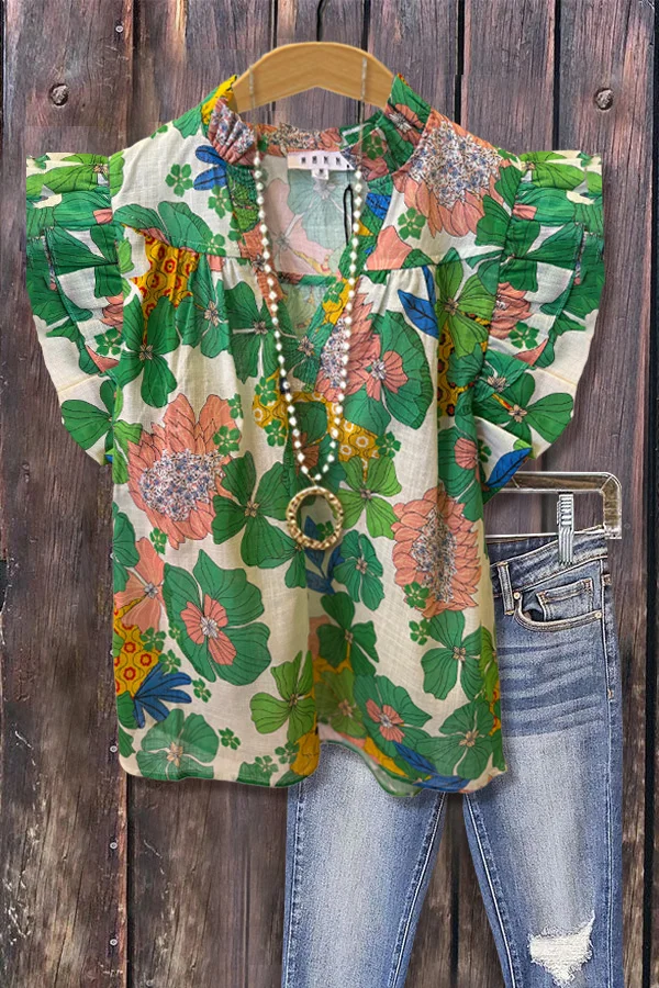 Botanical Floral Print Flutter Sleeve Top