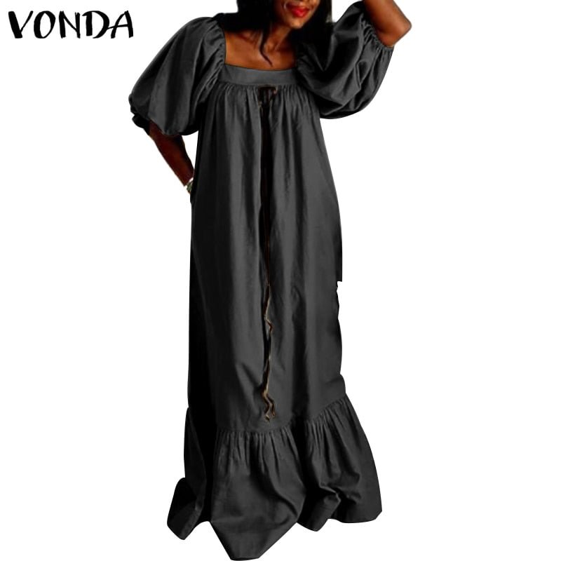 Women Maxi Dress Summer Sundress 2022 VONDA Casual Half Sleeve Square Collar Pleated Dress Bohemian Party Vestidos oversized