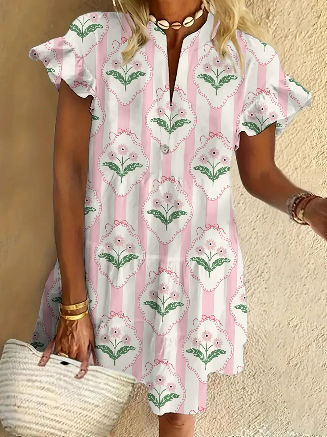 Vintage Flower Print Ruffled Short-sleeved V-neck Buttoned Dress Vacation Beach Dress