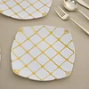 10 Pack | White/Gold 7" Plastic Square Salad Dessert Plates, Geometric Disposable Plates