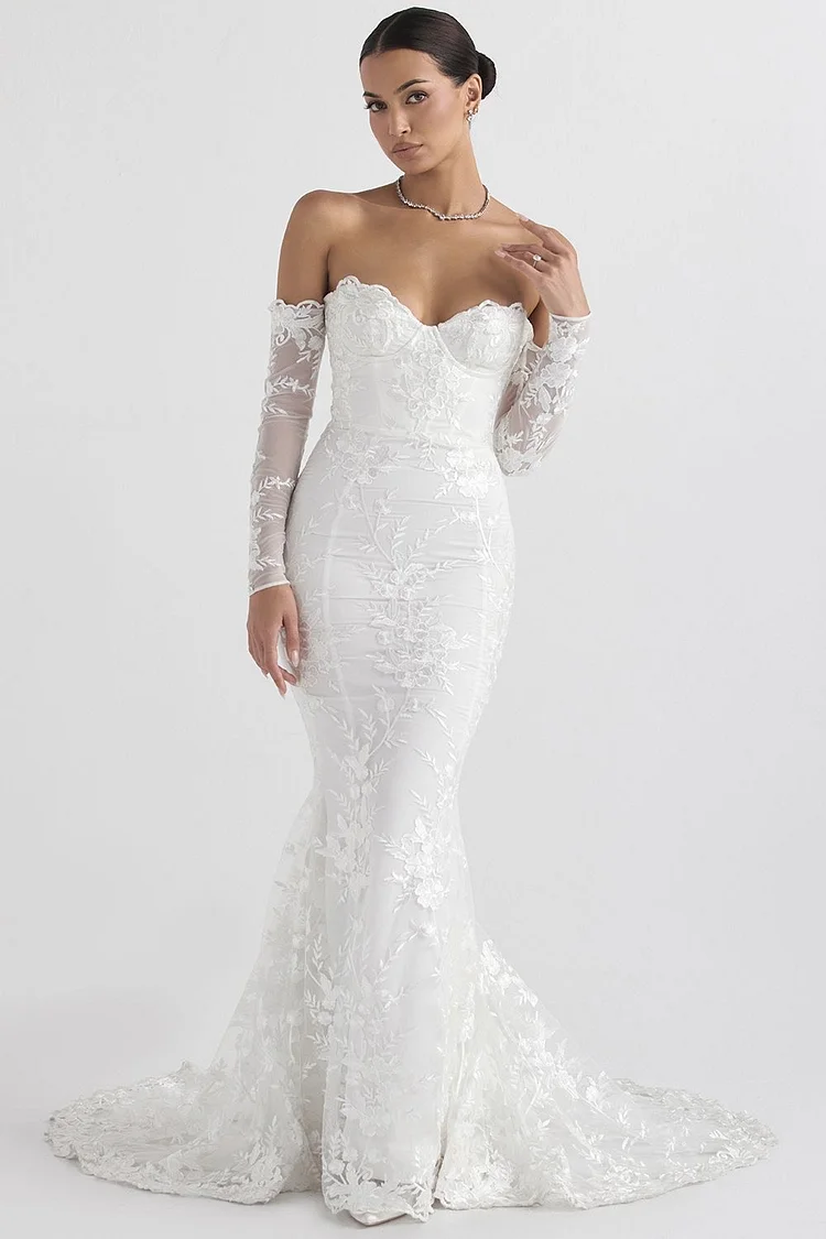 Hellodresses Stunning White Lace Off the Shoulder Mermaid Wedding Dress