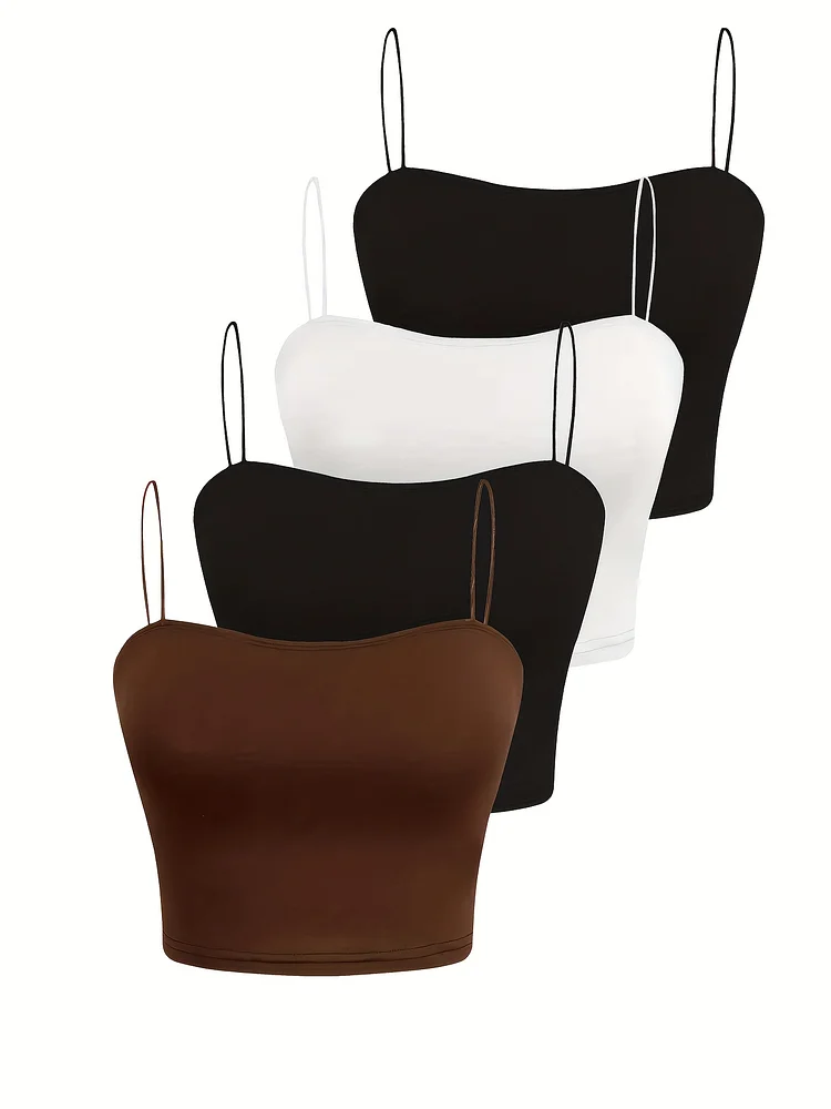 4pcs Women's Casual Chic Crop Tank Top Cami Tops In Solid Colors With Thin Straps - Black, White, Brown, Beige