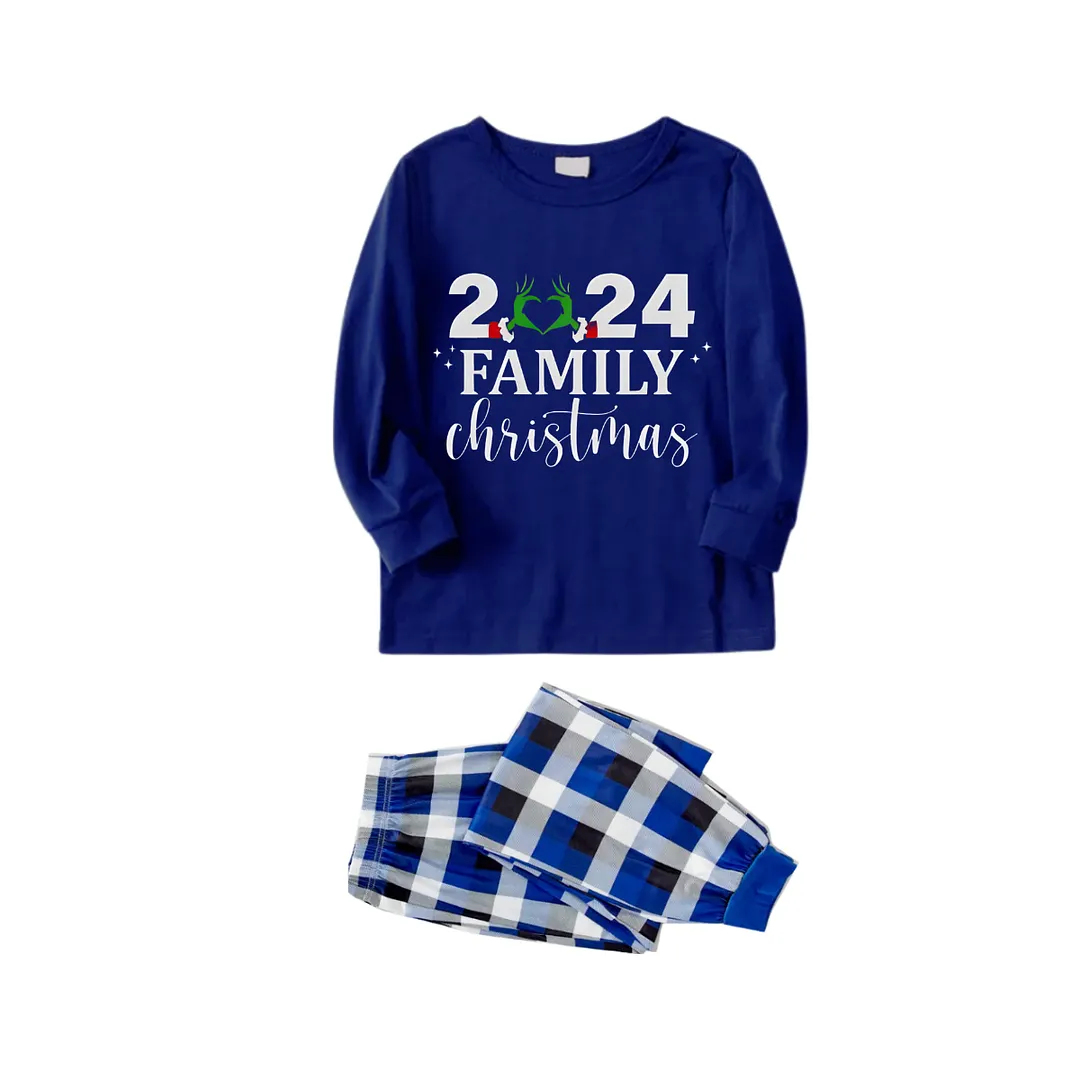 "2024 Family Christmas" Text Printed Blue and White Plaid Family Matching Pajamas