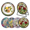 4PCS Wooden Diamond Painted Placemat Round Placemat with Holder(Rose Bouquet)