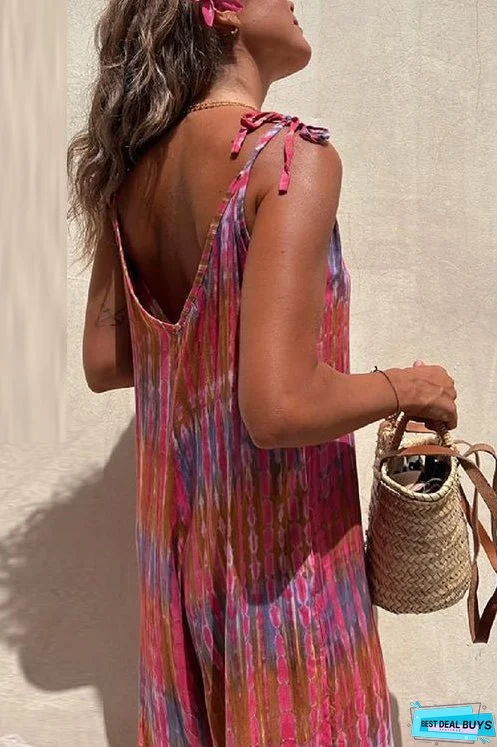 Meridress V Neck Tie Shoulder Pockets Tie Dye Cami Jumpsuit