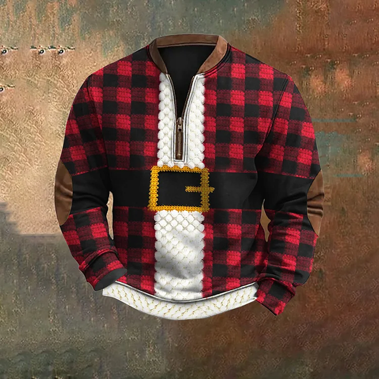 Men's Christmas Plaid Zipper Casual Sweatshirt