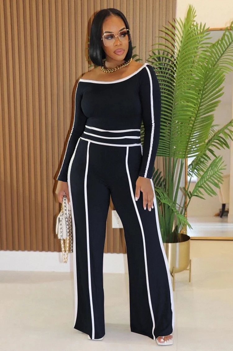 Contrast Trim Long Sleeve Top High Waist Wide Leg Pants 2pcs Set-Black