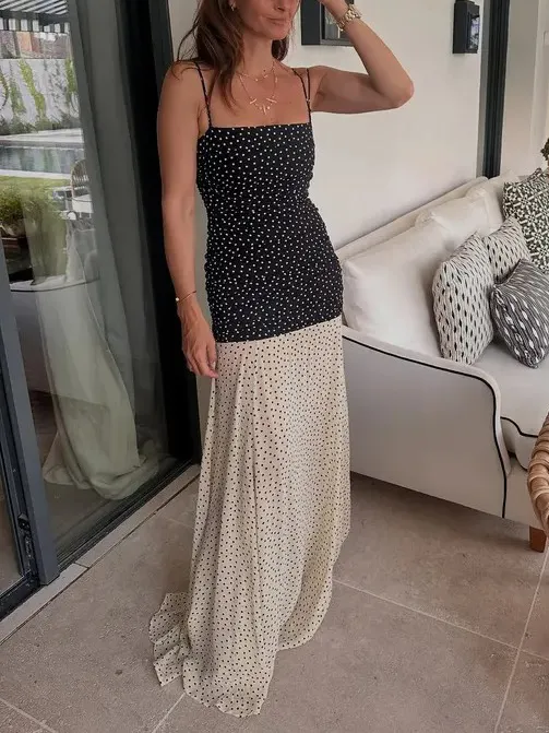Elegant Contrast Polka Print Chiffon Flowy Maxi Dress