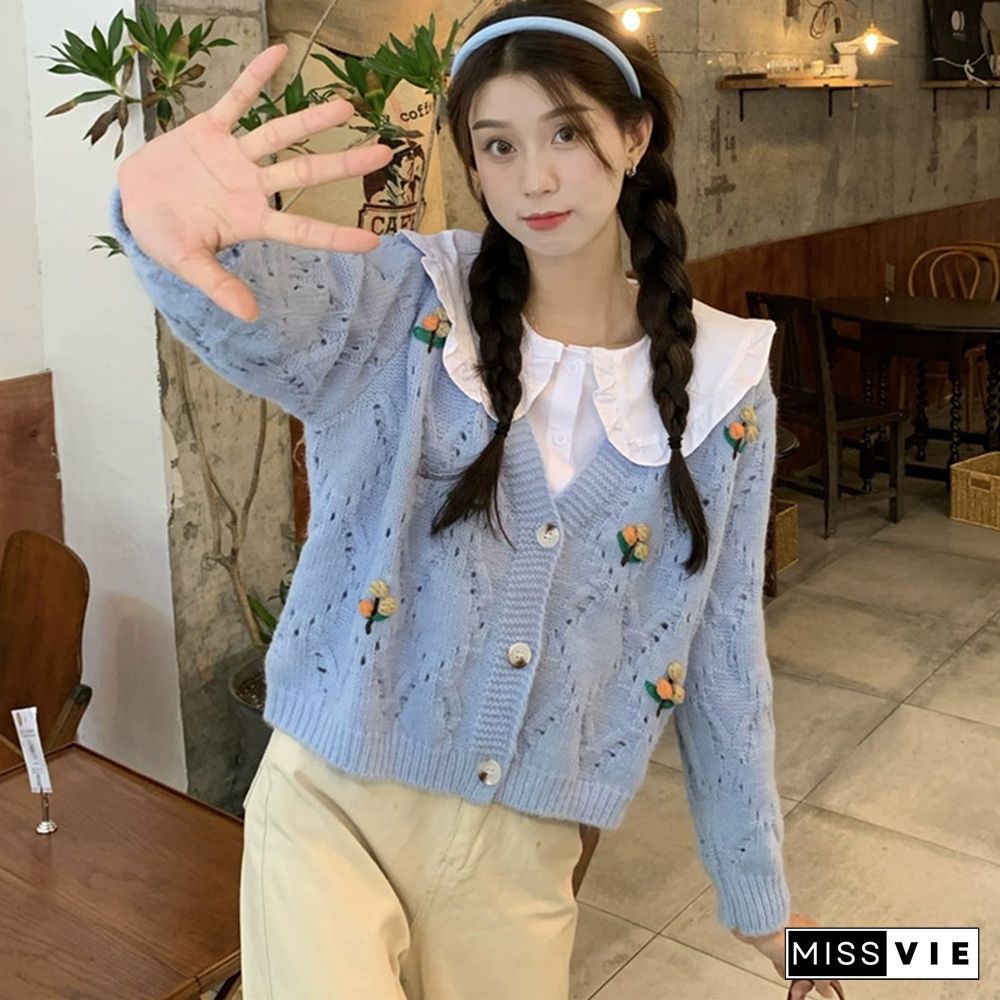 3D Blossom Decor Hollow Out V-neck Cardigan Sweater