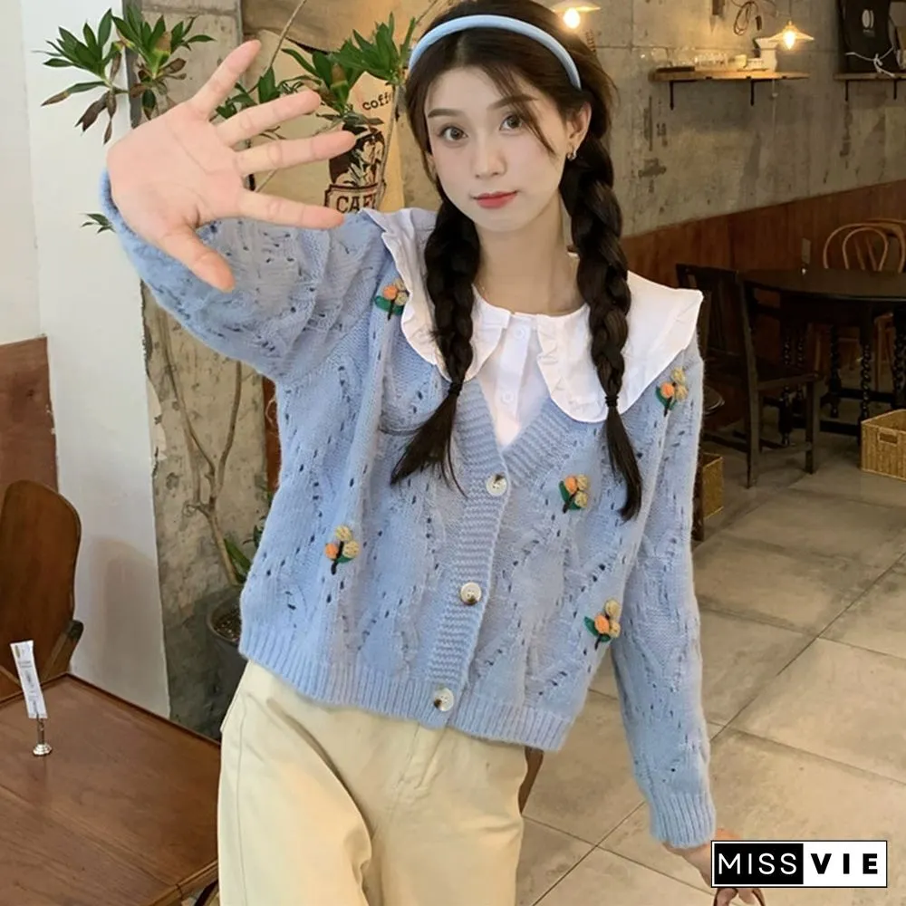 3D Blossom Decor Hollow Out V-neck Cardigan Sweater
