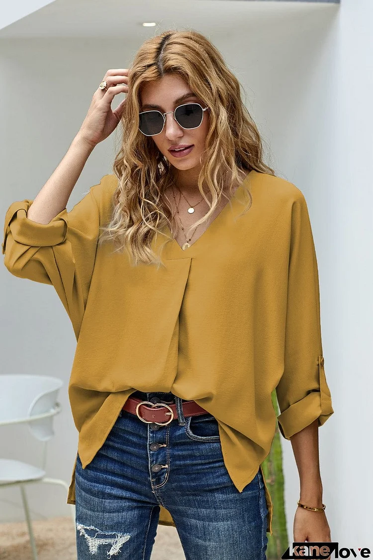 V Neck 3/4 Sleeve High Low Hem Shirt