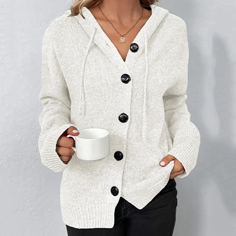 Solid Color Single Breasted Hooded Drawstring Sweater Cardigan