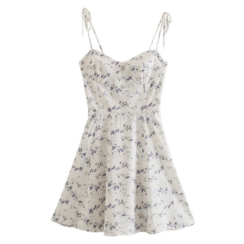 2021 French Summer Floral Print Ruched Bandage Spaghetti Strap Mini Dress Retro Sexy Lacing Up Sling Dresses Holiday