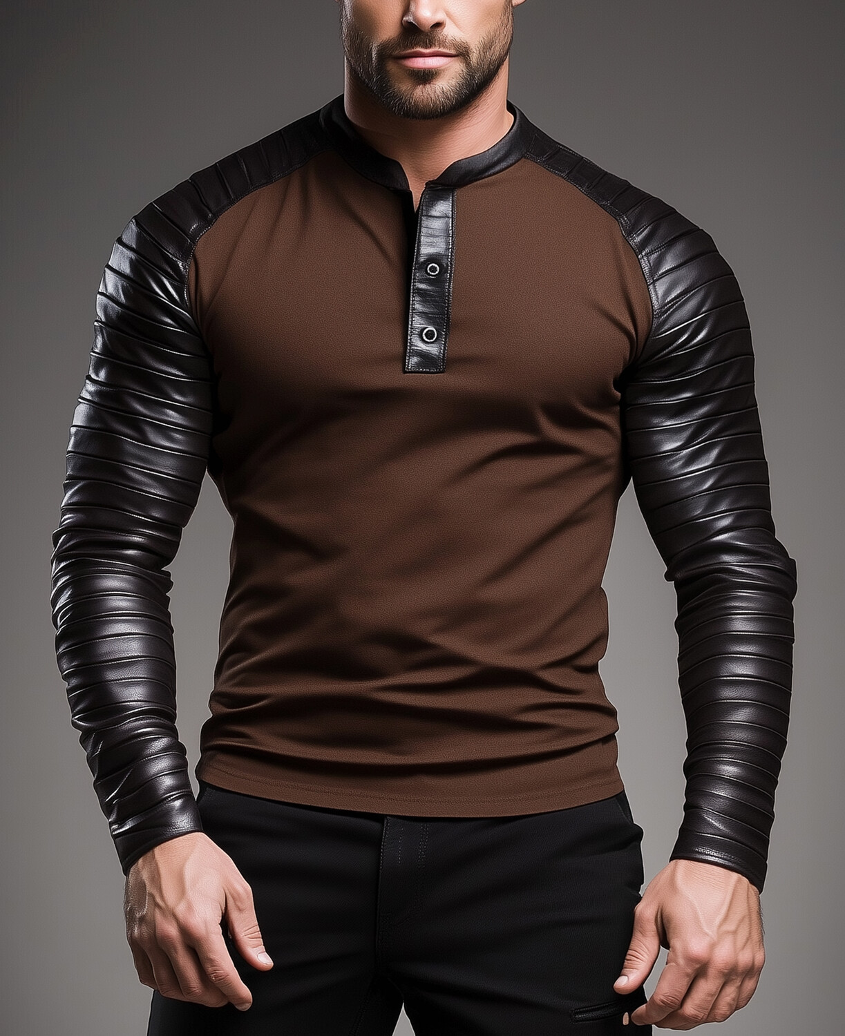 Okaywear PU Leather Patchwork Half Button Long Sleeve Henley Shirt