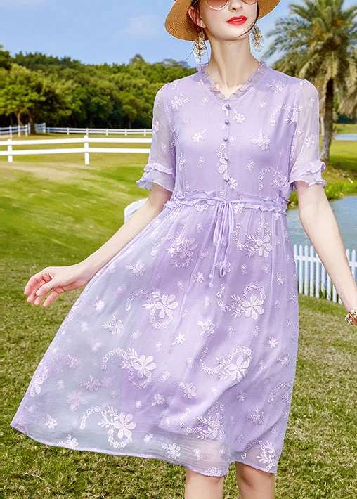 Unique Purple Ruffled Embroideried Button Silk Dresses Short Sleeve