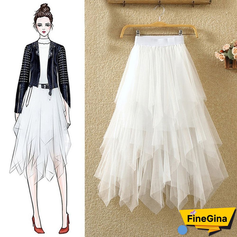 Women Summer Tulle Skirt Elastic Mesh Layered High Waist Pleated Ladies Midi Skirt