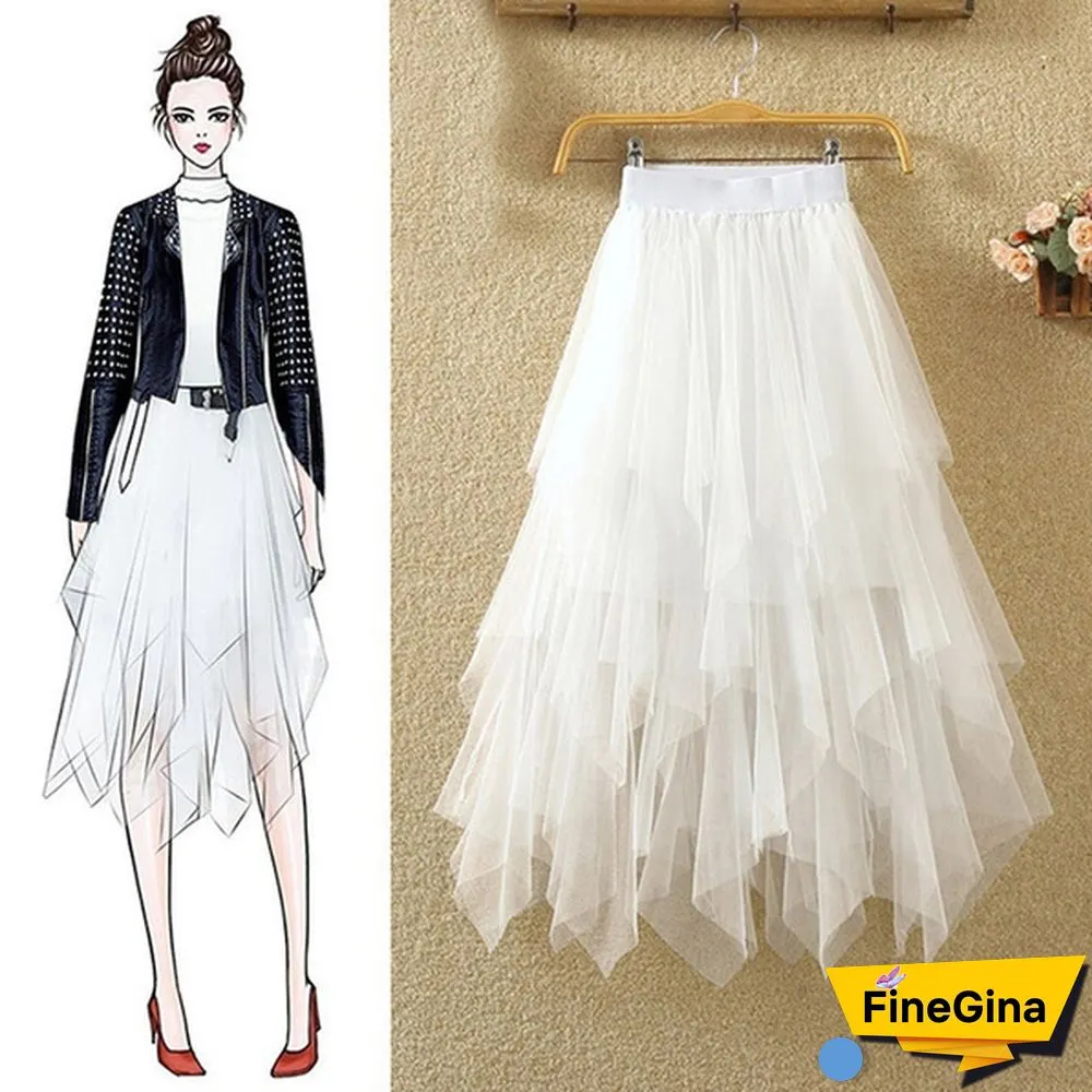 Women Summer Tulle Skirt Elastic Mesh Layered High Waist Pleated Ladies Midi Skirt