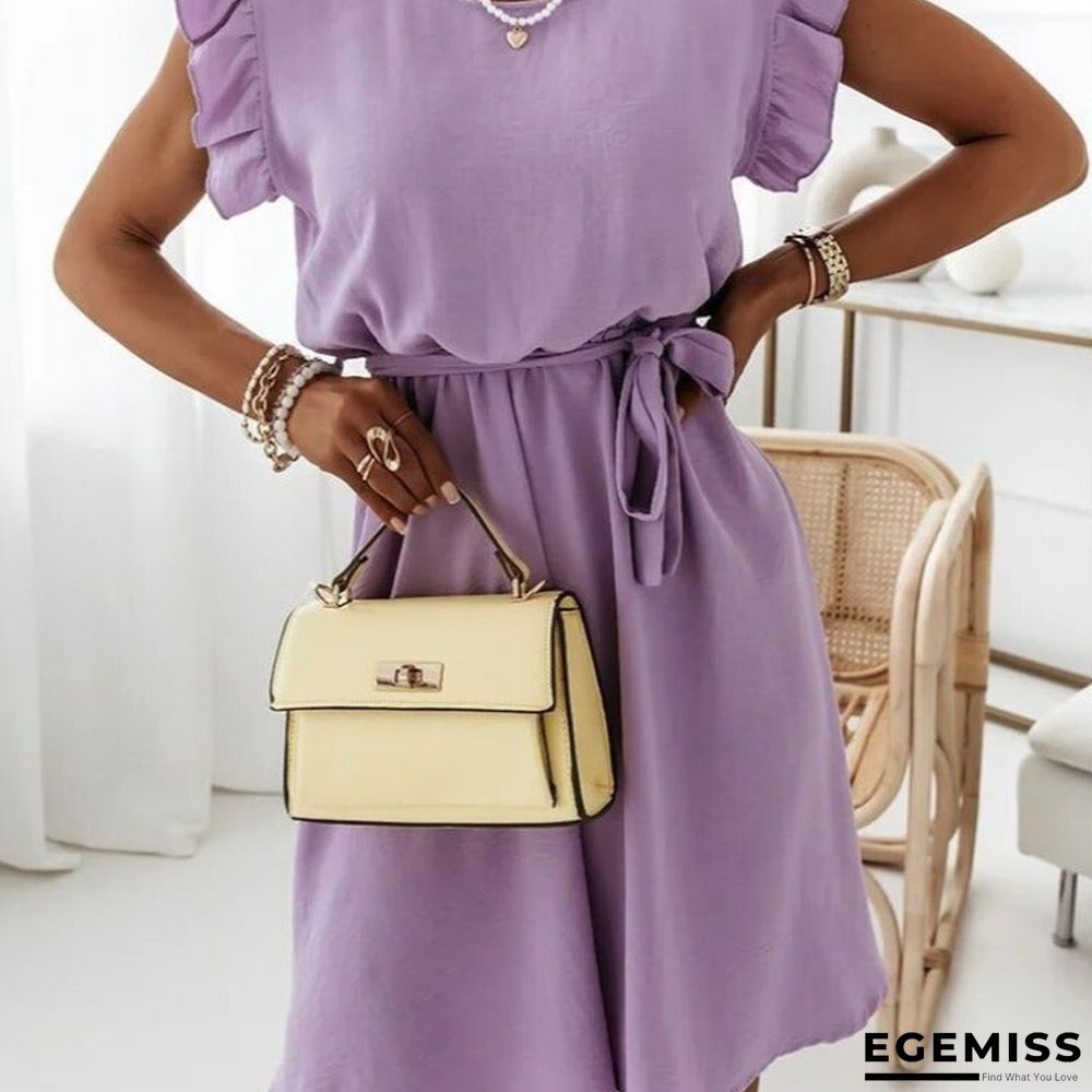 Stylish Solid-colored Waist Strappy Short-sleeved Dress | EGEMISS