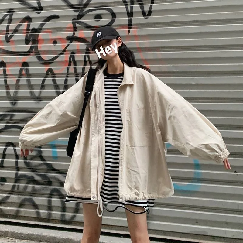 Women Basic Jackets Solid Drawstrings Oversize Thin Harajuku Ulzzang Plus Size 2XL Leisure Streetwear Chic Jacket Zipper Outwear