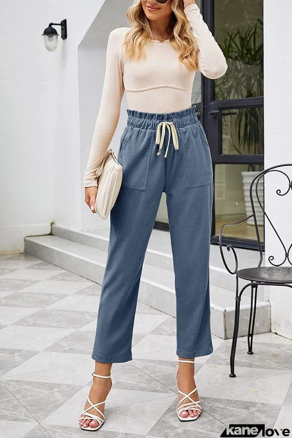 High Waisted Corduroy Pants for Women Drawstring Vintage Casual Loose Pants Fall Clothes