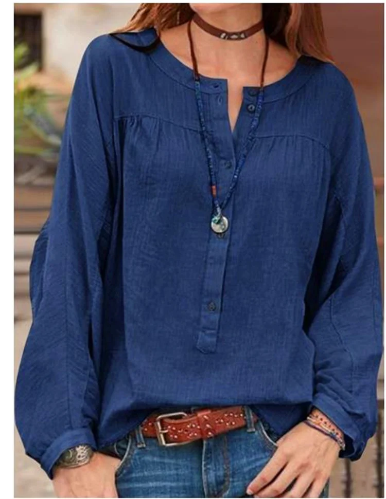 Women's Solid Color Long Sleeved Open Tube Round Neck Shirt
