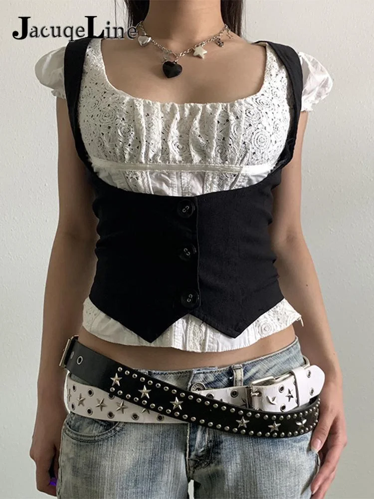 Jacuqeline Y2K Clothes Ruffle Tank Tops Women Button Racerback Fairy Grunge Vest Vintage Crop Tops Harajuku Gothic Preppy Corset