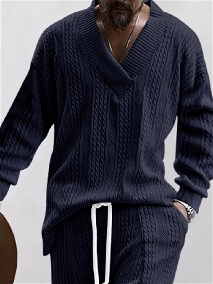 Autumn Casual Jacquard Knit Sweater Men's Fall Loose Long-sleeved T-shirt Men's V-neck Pullover Jacquard Blouse