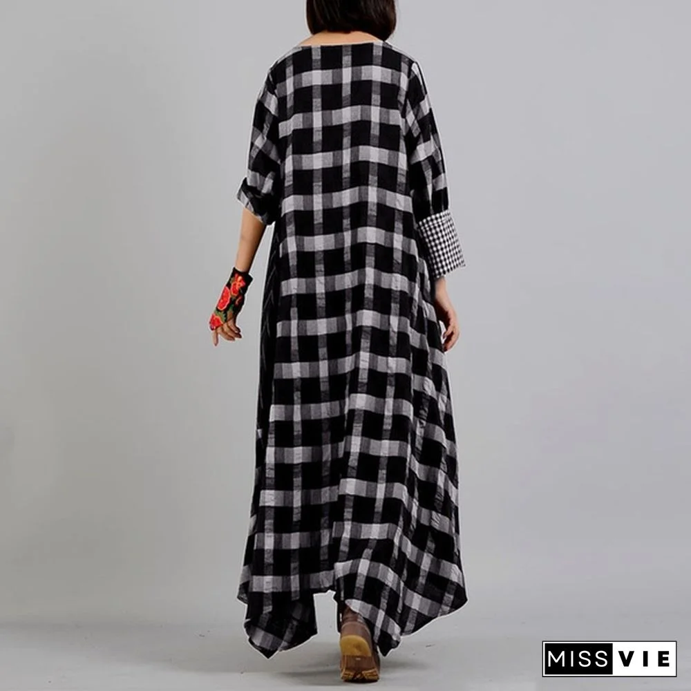Zanzea Women Casual Loose Baggy Kaftan Maxi Dress Long Sleeve O Neck Check Plaid Dresses